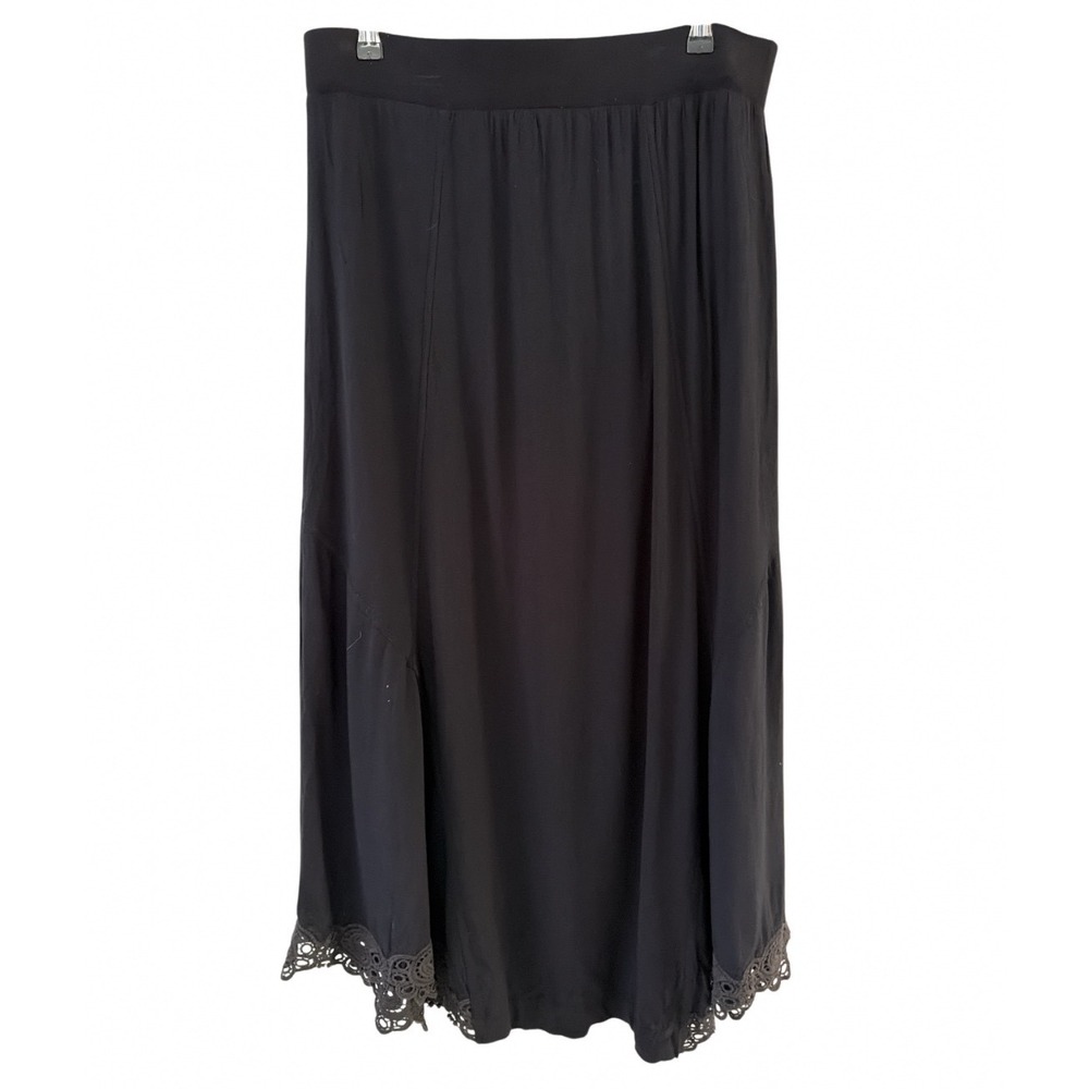 XCVI Womens Large‎ Black Rayon Crochet Lace Trim Maxi Skirt Boho Lined